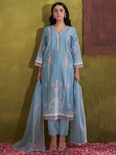 Image of INDO ERA Women's Silk Blend Floral Embroidered Straight Kurta & Pant with Dupatta Set (IEOUT11646)