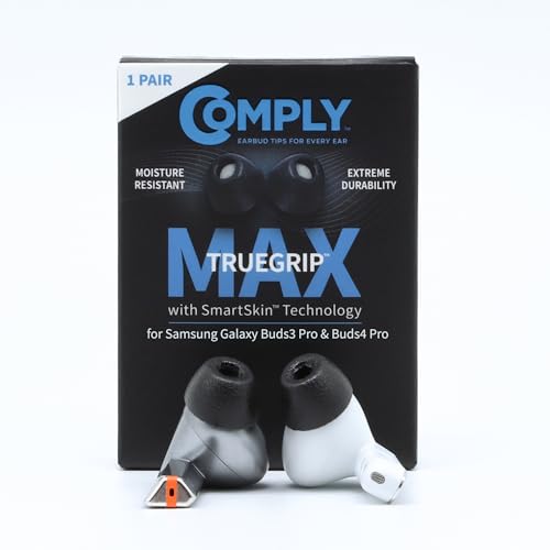 Comply TrueGrip MAX | Premium Memory Foam Replacement Earbud Tips for Samsung Galaxy Buds4 Pro & Buds3 Pro | Long-Lasting Comfort Secure Fit Noise Isolation | Black (Medium) (1 Pair)
