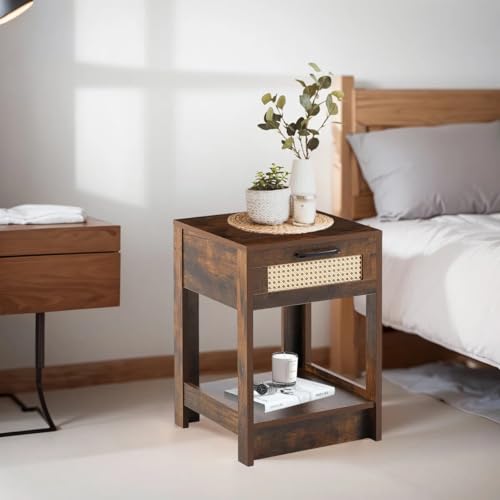 Image of MISAN Boston Solid Wood Bedside Table with Rattan Drawers Mid Century Night Stand for Living Room, Bedroom (I - Hony)