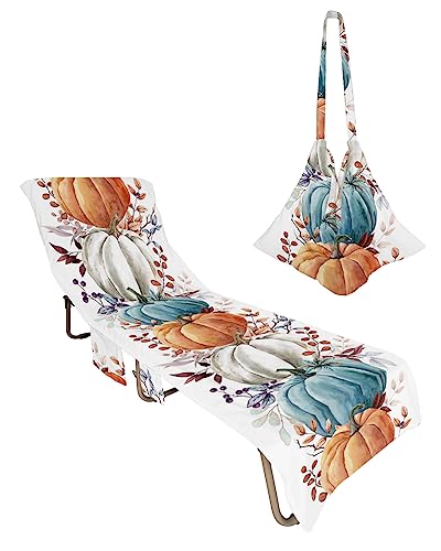 Pumpkin Beach Chair Towel Covers for Chaise Lounge With Side Pocket, Soft Plush Pool Towels Cover for Patio Sunbathing Outdoor 29''x85'' Teal Orange White Watercolor Eucalyptus Leaves