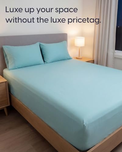 Image of Sleepy Town Split King Size Bed Sheets - 4 Piece - NO Flat Sheet Included - Split King Sheet Set - Soft, Comfy & Cooling - Easy Care - Wrinkle & Fade Free - Brushed Microfiber Bed Sheets (Spa Blue)