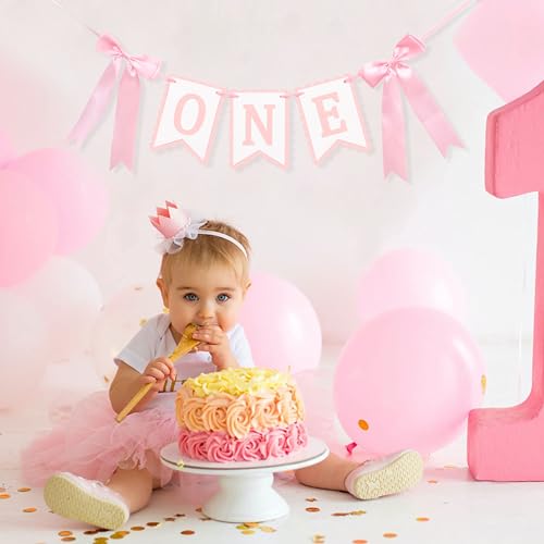 Image of Bow First Birthday High Chair Banner - Pink Bow 1st Party Decoration,Coquette First High Chair Banner,Coquette One Birthday Photo Prop (bow 1st)