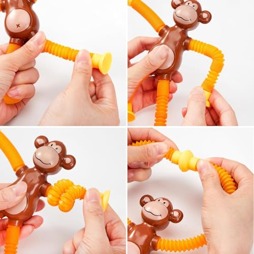 Image of Telescopic Suction Cup Kids Travel Toys for Flight Pull String Toys for Babies for Boy Girls Robot Light Tube Toddlers Gift Unique Pop Tube Kids [Monkey (Pack of 2)]