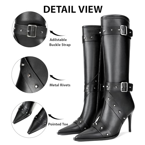 Knee High Boots for Women Pointed Toe Buckle Strap Stiletto Heel Boots Rivets Stud Tall Sexy Dress Long Boots with Zipper2