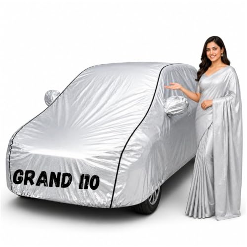 Image of Waterproof Car Body Cover for Grand i10 All Weather Protection Comes with Inner Cotton Lining & Triple Stitched with Mirror & Antenna Pocket Belt & Elastic Fit Metallic Silver with Black Piping