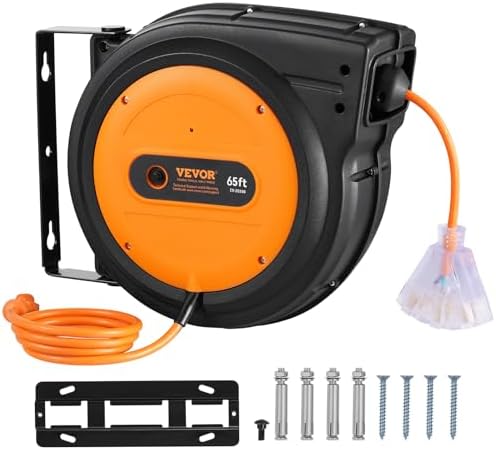 VEVOR Retractable Extension Cord Reel, 65 FT, Heavy Duty 12AWG/3C SJTOW Power Cord, with Lighted Triple Tap Outlet, 15 Amp Circuit Breaker, 180° Swivel Bracket for Ceiling or Wall Mount