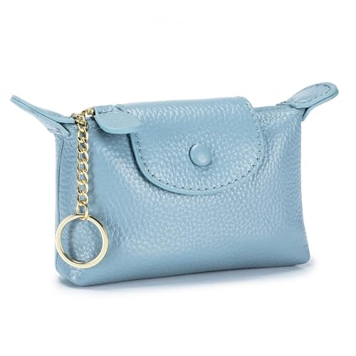 Image of Women's Genuine Leather Mini Coin Purse and Wrist Bag - Coin Organizer, Change Holder, Card Case, Zipper Storage Bag in Water Blue