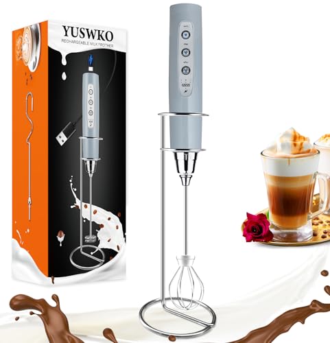 Image of YUSWKO Rechargeable Milk Frother for Coffee, Handheld Drink Mixer with 3 Heads 3 Speeds, Ideal Electric Stirrers for Travel | Drink Mixer Wand Coffee Frother Handheld With 3 Heads 3 Speeds For Latte, Cappuccino, Hot Chocolate, Egg, No Stand, Gray