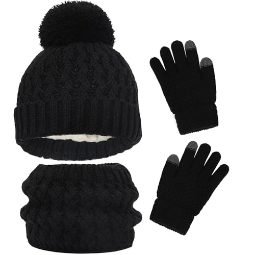 AWAVM - AWAVM Lot de 3 bonnets, écharpes et gants d'hiver tricotés au crochet épais et moelleux pour enfants de 2 à 8 ans, Multicolore iridescent, Taille Unique (Noir)