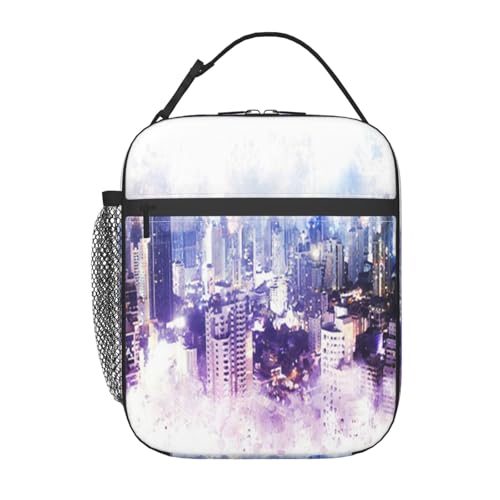 ポータブル断熱ランチバッグ。防水性と漏れ防止性を備え、スタイリッシュで丈夫。仕事、学校、アウトドア活動に最適です。男性にも女性にも適しています。(水彩画の街の夜の首都の抽象的な建物)