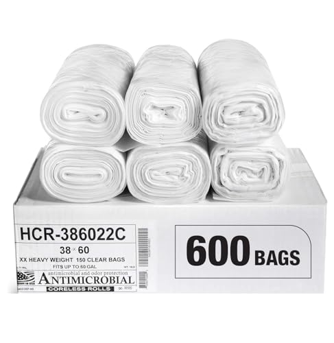 Image of Aluf Plastics 60 Gallon 22 Micron (eq) Clear Trash Bags, 38 inch x 60 inch 600 Bags