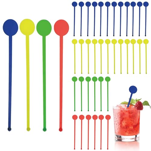 80 Pcs Plastic Round-Tip Colorful Transparent Stir Sticks - Cocktail, Coffee, Boba Tea, Juice Beverage Mixing Tools, 7.25 Inch Durable Drink Stirrers for Bartending & Home Use