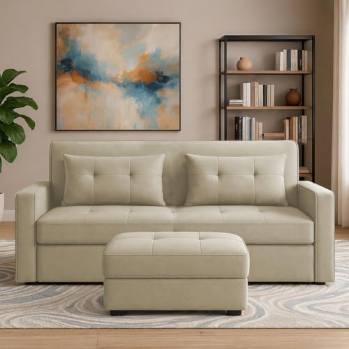 Image of Emilio 2-Seater Sofa Cum Bed for Living Room, Office & Home with Center Table | Premium Fabric Pull-Out Sofa Set with 1 Year Warranty | Space Saving Convertible Sleeper Sofa | Cream Colour