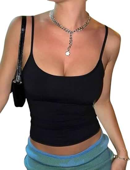 Women's Fitted Spaghetti Strap Scoop Neck Cami Tank Top Lightweight fabric,slim spaghetti straps,fitted braless cami for casual days,going out,workouts,beach trips & layering