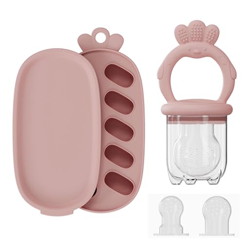 Image of Baby Food Fruit Feeder with Freezer Tray Breastmilk Popsicle Molds Silicone Fruit Feeder for Self Feeding Teething Relief Toys (Pink)
