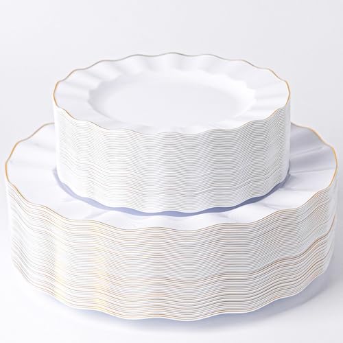 HIGH END 100 Pcs White Wave Plastic Plates with Gold Trim
