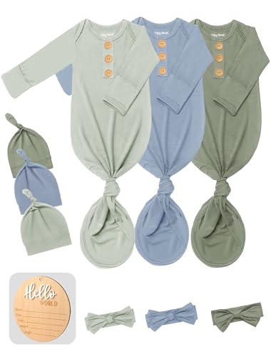 Baby Knotted Gown 3 Packs, Breathable Pajamas Going Home Outfit Clothes Newborn Girl Boy, Infant Announcement Nightgown 0-3 Months Set with Mittens, Hats, Headbands & Wooden Name Sign
