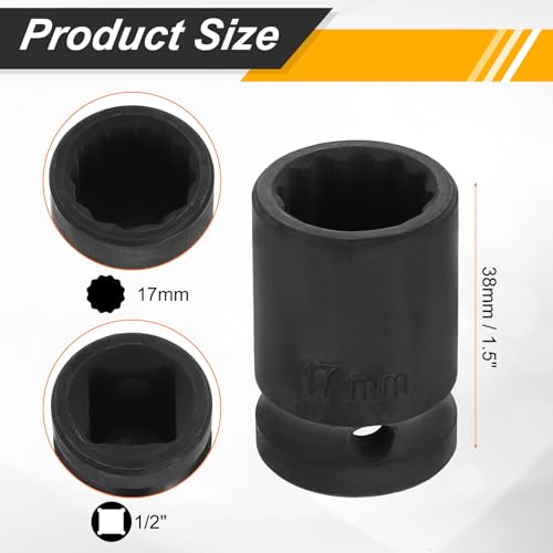 Image of HARFINGTON 2pcs 1 /2 inch Drive x 17mm Shallow Impact Socket 12-Point Metric CR-V Steel Spindle Nut Impact Flip Sleeve for Home Auto Nuts Bolts Repair
