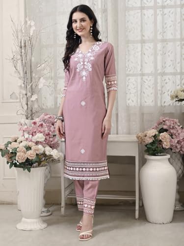 Image of NIVANA Womens Pakistani Style Embroidered Kurta with Pant & Embroidered Dupatta | Chanderi Straight Kurta Set with V-Neck & 3 /4 Sleeves | Ethnic Wear for Festive & Casual Occasions