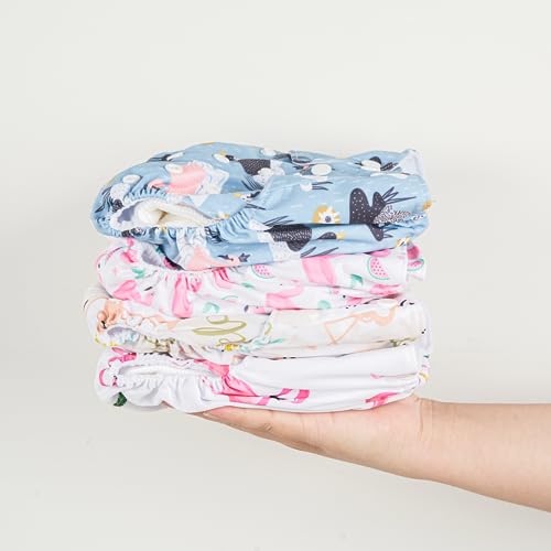 Image of HappyFlute 9 Sets Newborn Baby Cloth Pocket Diapers Adjustable Reusable for Baby Boys and Girls(6-33 pounds,0-3 Years),One Wet Bag+4Diapers and 4Inserts (AD08)