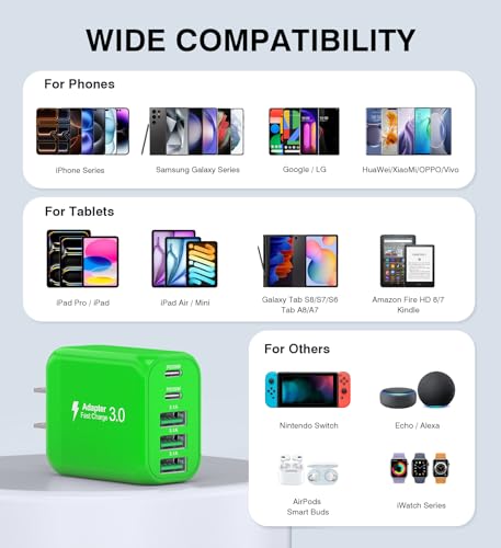 Image of 50W USB C Wall Charger Block,5-Port C Charger Fast Charging Block PD Power Adapter +QC Multiport Type C Box Charger Cube USB A Wall Plug for iPhone 14 /15 /16 /17 Pro Max Plus,Samsung(Green)(2-Pack)