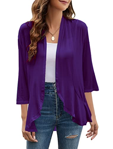 Image of Yekaty Women Cardigan 3 /4 Sleeves Open Front Lightweight Cardigan Draped Ruffles Knit Cardigan