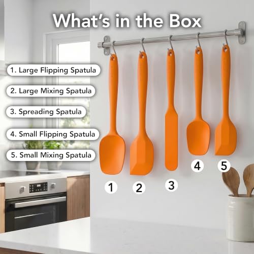 Image of OVENTE Silicone Spatula Set of 5, Heat Resistant, Orange SP12305O | Food Grade Rubber Spatula, BPA-Free and Dishwasher Safe, Nonstick Kitchen Utensils for Baking, Cooking and Mixing