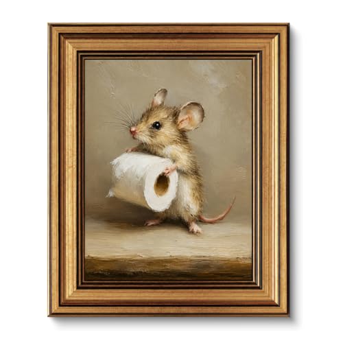 ROYAL NOVA Vintage Gold Framed Funny Bathroom Wall Art,Cute Mouse Decor | Canvas Print Mouse Holding Toilet Paper Canvas Wall Art, Rustic Sketch Poster Artwork for Restroom Bedroom Home Decoration