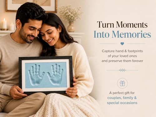 Image of Handprint & Footprint Frame Kit | DIY Clay Impression Kit for Couples, Family & Adult Handprints | Keepsake Memory Gift with XL Black Box Frame & Blue Impression Clay
