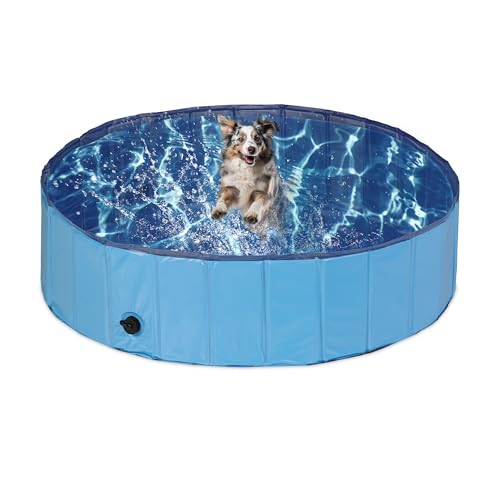 Relaxdays Piscina para Perros, Plegable, Bañera con Válvula de Desagüe, Refrescante, PVC y MDF, 30 x 120 cm, Azul