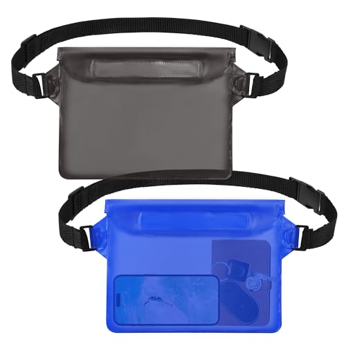 jealkip 2-Pack Waterproof Pouch with Adjustable Waist Strap, Waterproof Dry Bag, Keeps Cell Phones and Valuables Safe and Dry, Perfect for Kayaking, Beach, Camping and Swimming (Black + Dark Blue)