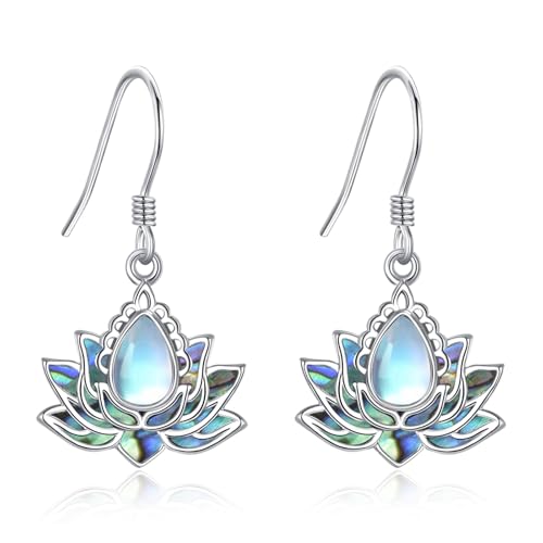 Boucles d'oreilles lotus en argent 925 et pierre de lune pour femme
