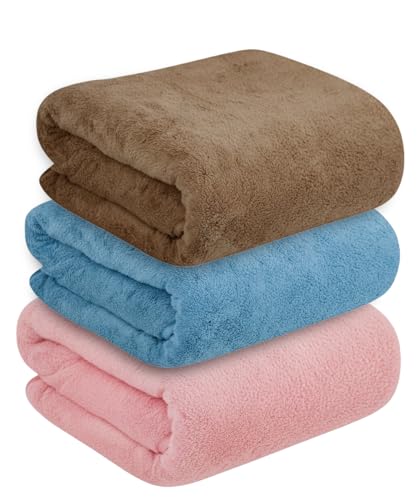 Image of Dribble Coral Fleece Weft Knitting 400gsm Bath Towel 70 x140 cm | Ultra Soft, Quick Dry, Highly Absorbent | Lightweight & Skin-Friendly Towel for Bathroom, Gym & Travel, (Brown /Blue /Pink, Pack of 3)