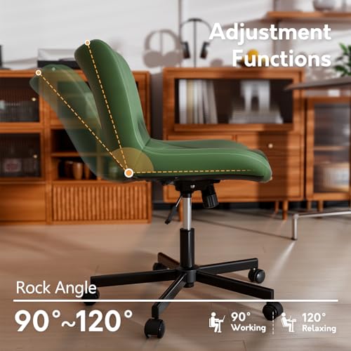 Image of Armless Desk Chair, Morden Home Office Chair no Arms, Adjustable Height & Rocking Computer Chair, PU Leather Vanity Chair, Ergonomic Seat Soft Padded Desk Chairs for Home Small Space, Green