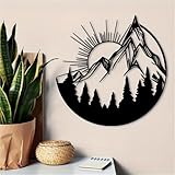 Moderne minimalistische Wanddekoration aus Metall: Berg-Sonnenaufgang, Kiefernwald und Sonnenuntergangsszene, rustikale Hütten-Ferienhaus-Landschaftsskulptur für Wanderer und Natur