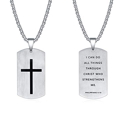 Rnivida Men's Bible Verse Cross Tag Pendant Necklace, Stainless Steel Inspirational Necklace for Men Boys (Silver - Philippians 4:13)