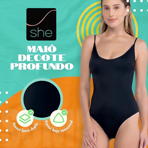 Maiô Feminino Amarração Costa Bojo Removível UV50+ Aloe Vera She by Mash Feminino, Preto, P