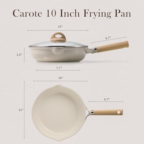 Image of CAROTE 10 inch Ceramic Frying Pan with Lid, Non Stick Frying Pan Skillet Chef's Pan, Healthy & PFOA /PFAS Free, Induction-Compatible, Taupe