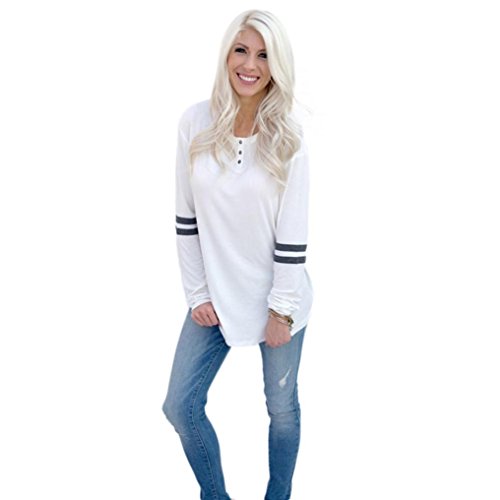 Gift! Wensltd Clearance! Women Loose Long Sleeve Button Round Neck Splice Pullover Shirt Blouse Top Shirt (XL, White)