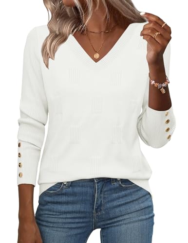 Image of Zeagoo Womens V Neck Dressy Sweater Long Sleeve Work Summer Sweatshirt Tops Lightweight Business Casual Ribbed Knit Outfits White