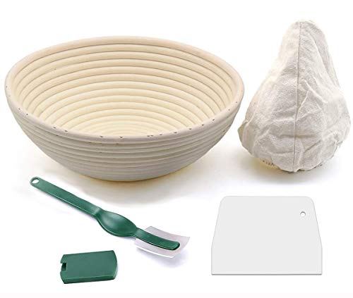 AWLAND 10 Inch Bread Proofing Basket Round Proofing Basket Includes Linen Liner Cloth, Dough Scraper and Bread Lame, Handmade Proofing Box Gifts for Professional & Home Bakers