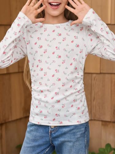 Image of Haloumoning Girls Long Sleeve Shirts Crewneck Ruched Side Slim Fit Tops Ribbed Knit Casual Tee Shirt 4-15 Years