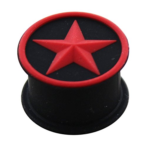 AtoZ Piercing 1/2 Inch - 12MM Embossed Red Star in Circle on Black Soft and Flexible Silicone Double Flared Ear Plug - Sold by Piece