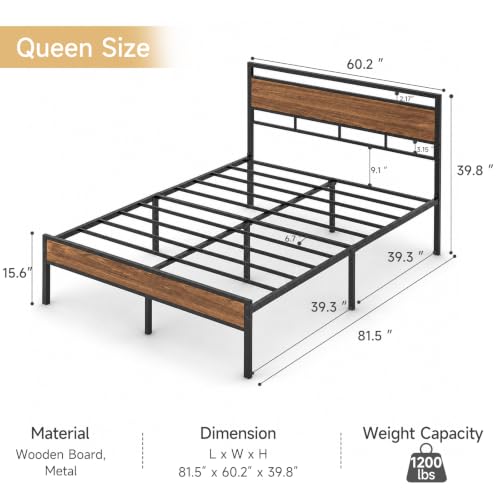 Image of 14 Inch Queen Size Metal Platform Bed Frame with Wood Headboard&Footboard | Easy Assembly Structure, Spacious Underbed Storage, No Noise Design, No Box Spring Required, Camas Queen, Walnut