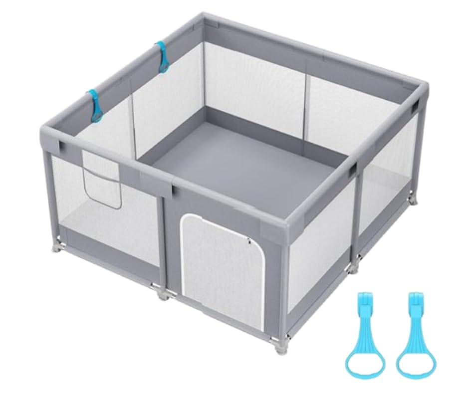 PICCASIO 120x120 Baby Playpen with 2 Pull Rings - Portable Safe Indoor & Outdoor Playard & Activity Center Baby Bumper Foam Play Fence with Breathable Mesh Sides