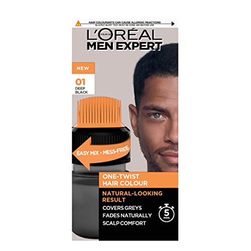 L'Oreal Paris Men Expert One Twist Hair Colour, Black Hair Dye For Men. Mens Hair Dye For Men Dying Hair To Cover Grey Hair, Gives Quick Natural Looking Results - Shade 1 Deep Black.