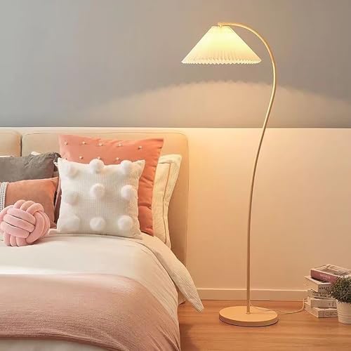 GUEIFD Lampada da Terra Moderna, Elegante Illuminazione da Terra con Paralume in Tessuto Plissettato, Lampada da Lettura Ad Arco sopra Il Divano per Soggiorno, Camera da Letto(152cm/60inch, White)