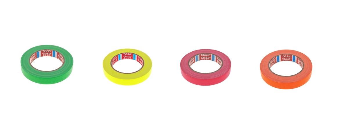 Tesa 4671 - Nastro adesivo in tela Gaffer, tessuto rivestito in PE colorato per interni ed esterni, molto adesivo, per arti e spettacoli, 19 mm x 25 m, confezione da 4 colori giallo arancio verde rosa