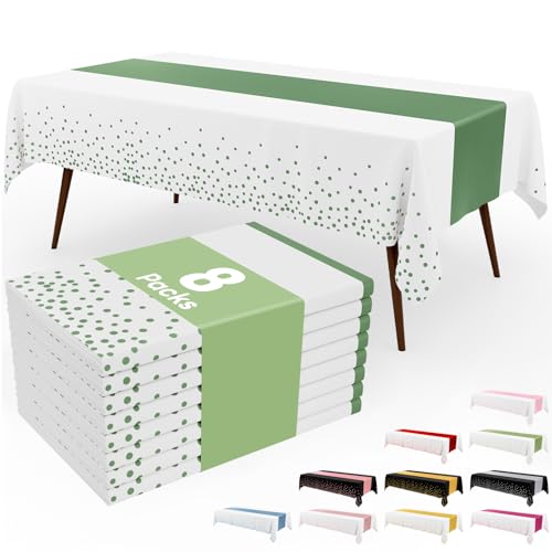 Image of Smiry Plastic Table Cloth Disposable 8 Pack, 54 x 108 Inch Rectangle Waterproof Tablecloth, Printed Gold Table Runner Style for Birthday Weeding, Party, Leakproof & Sturdy, White and Sage Green