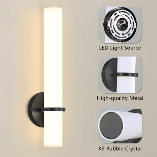 Image of LED Dimming Wall Sconces 8W, 3000K Warm Lights Dimmable, White Lampshade Bathroom Vanity Lighting Wall Light Fixtures for Bedroom Dining Living Hallway, Black